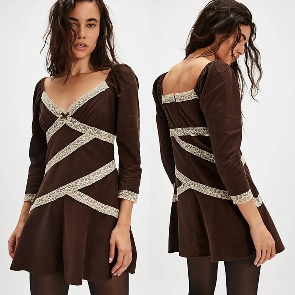 NEW Free People Tennley Corduroy Mini Dress Chocolate Torte Combo Lace Brown